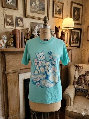Vintage Cat Graphic T-Shirt • Nashville Print • Pastel Mint • USA Made